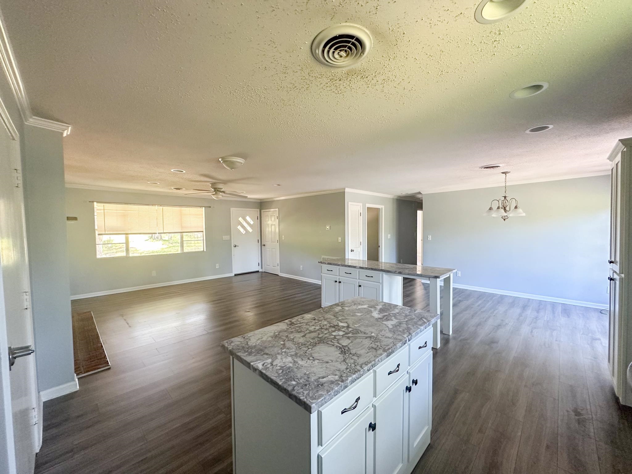 a kitchen with kitchen island and hard wood flooring