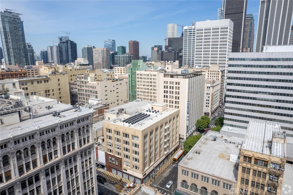 a city view with tall buildings