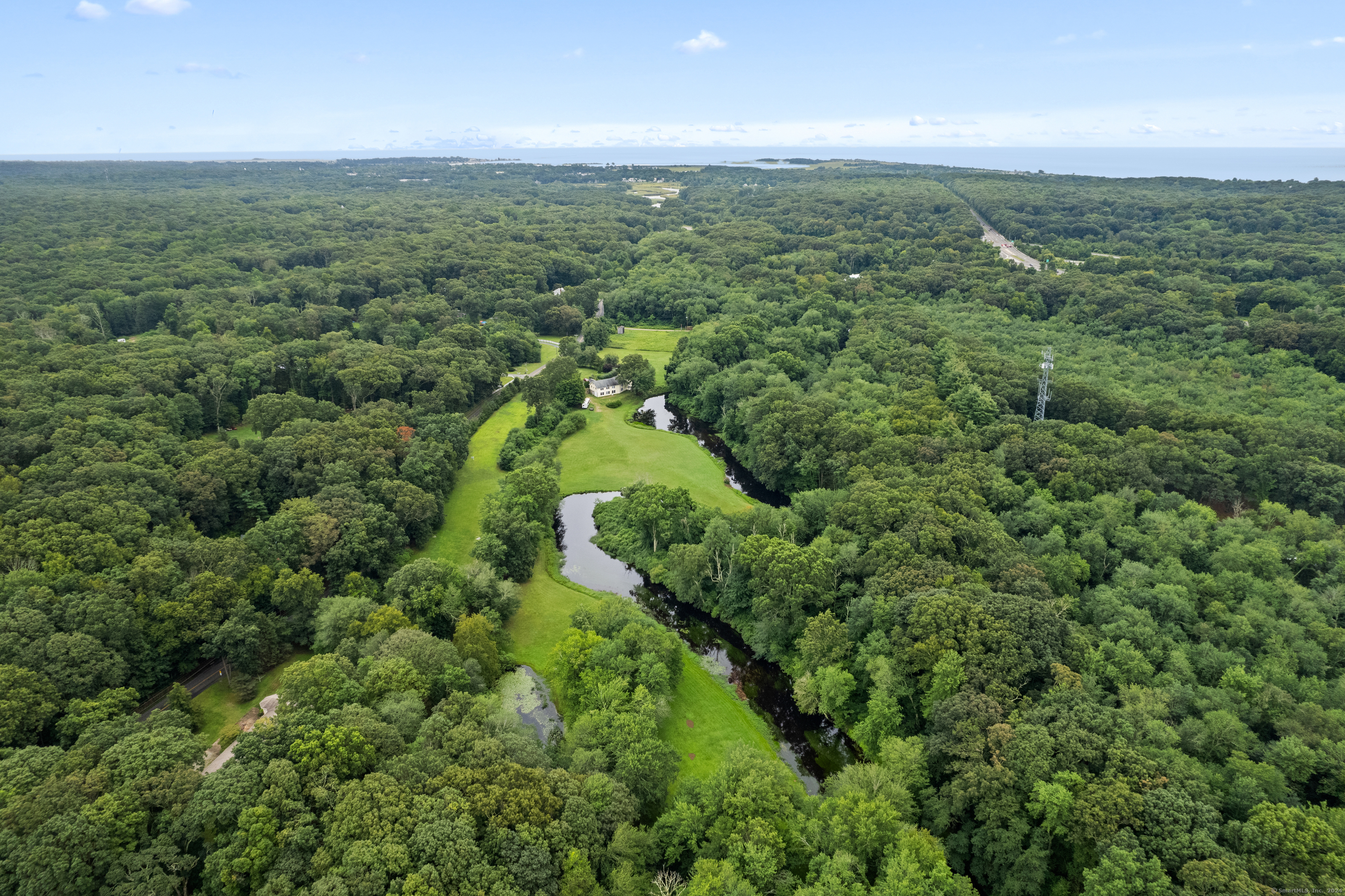 an aerial view of residential houses with outdoor space and trees