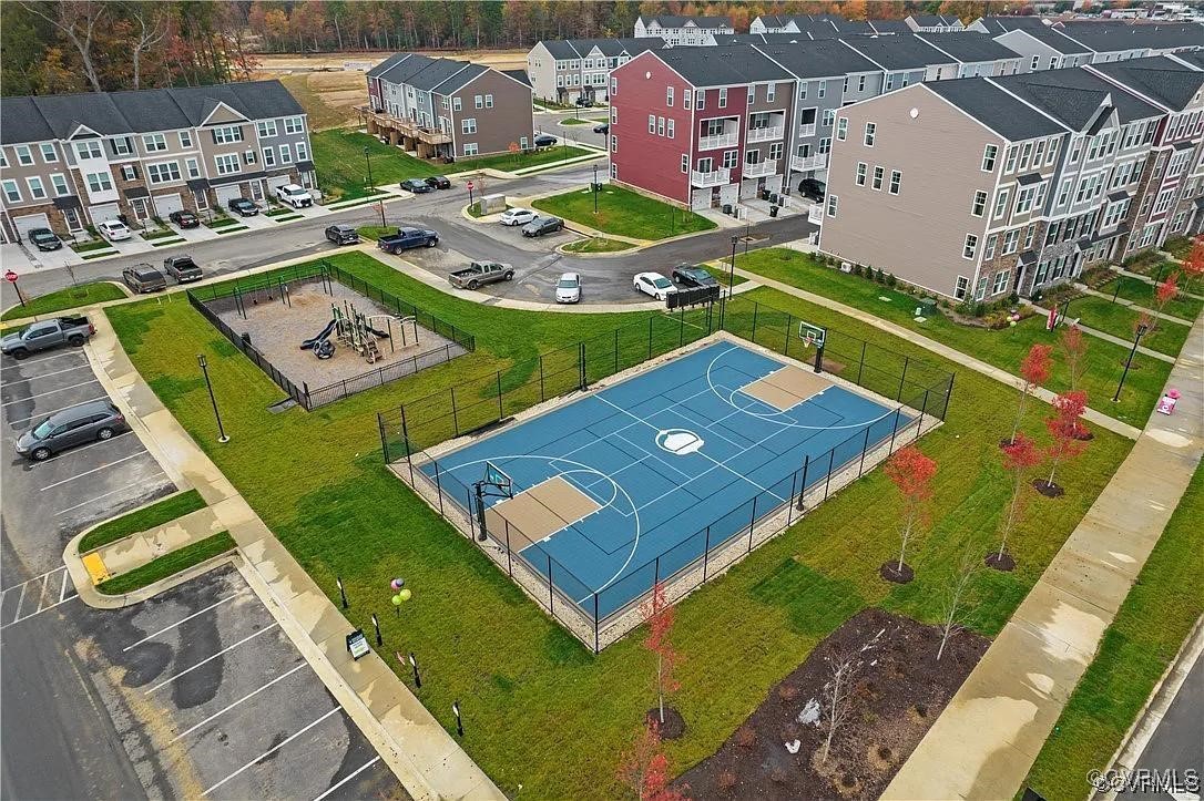 an aerial view of a house with a garden