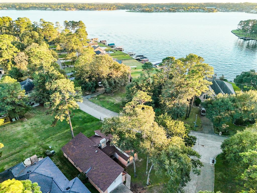 This aerial view showcases a charming lakeside neighborhood with lush greenery and direct water views. The homes are nestled among mature trees, providing a serene and picturesque setting, perfect for those seeking a tranquil and scenic environment.