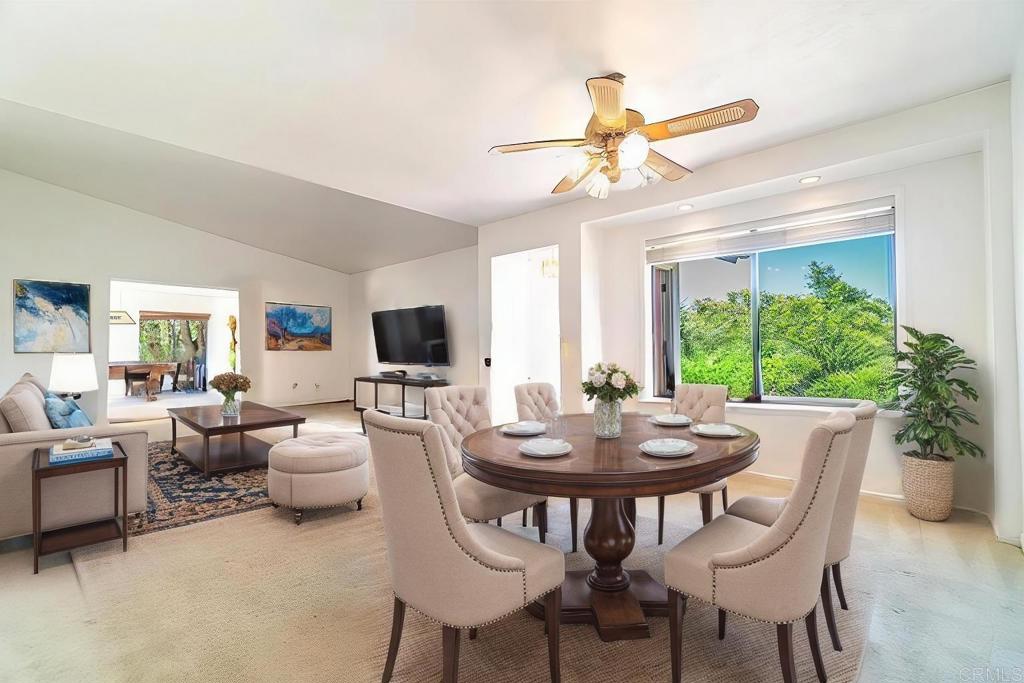 a view of a dining room with furniture window and outside view