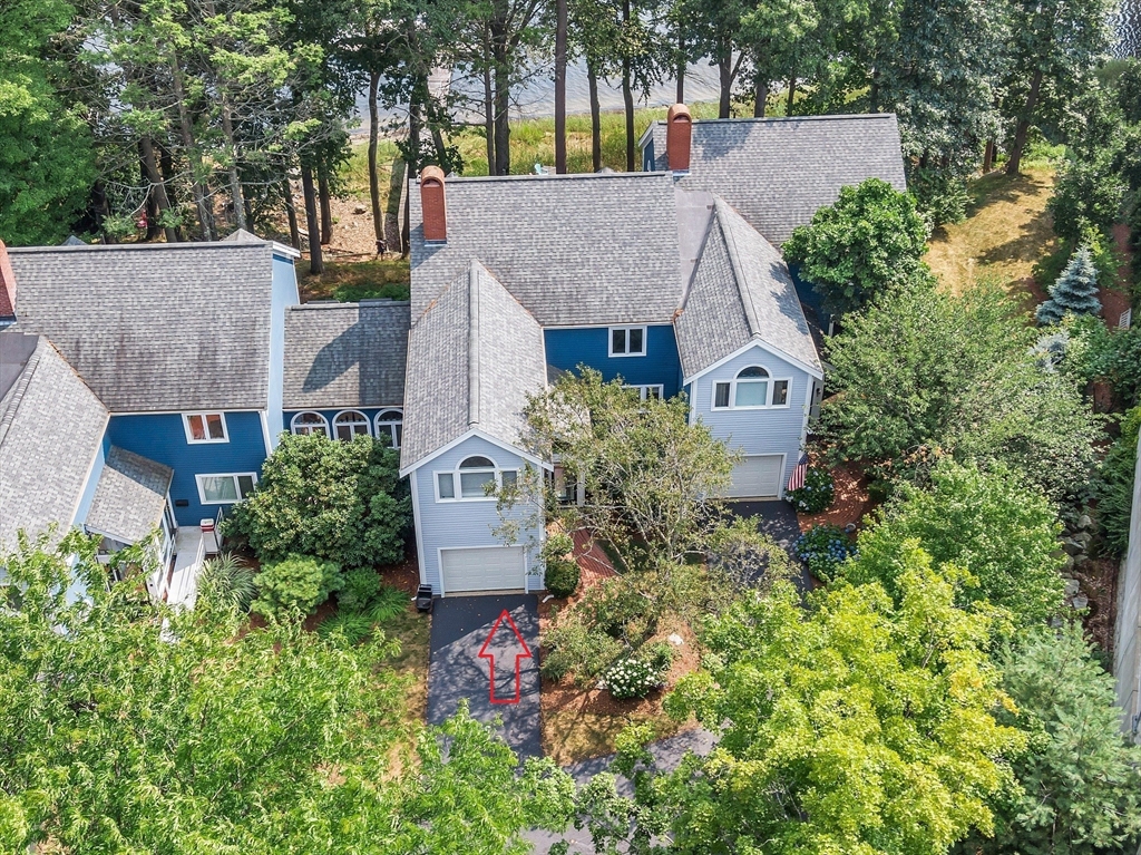 an aerial view of a house with a yard and potted plants