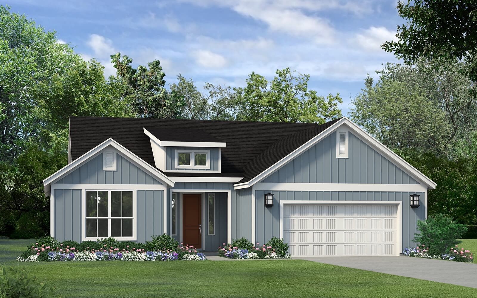 a front view of a house with a yard and garage