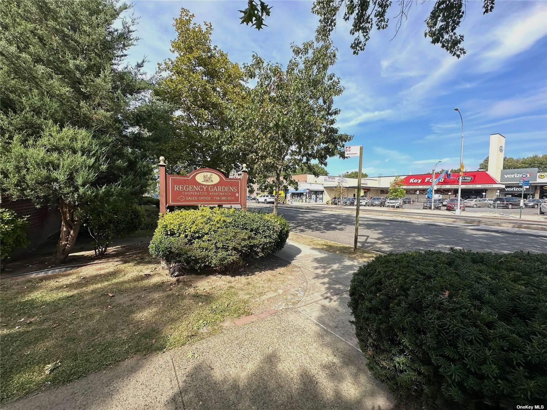 a view of a street with benches and trees