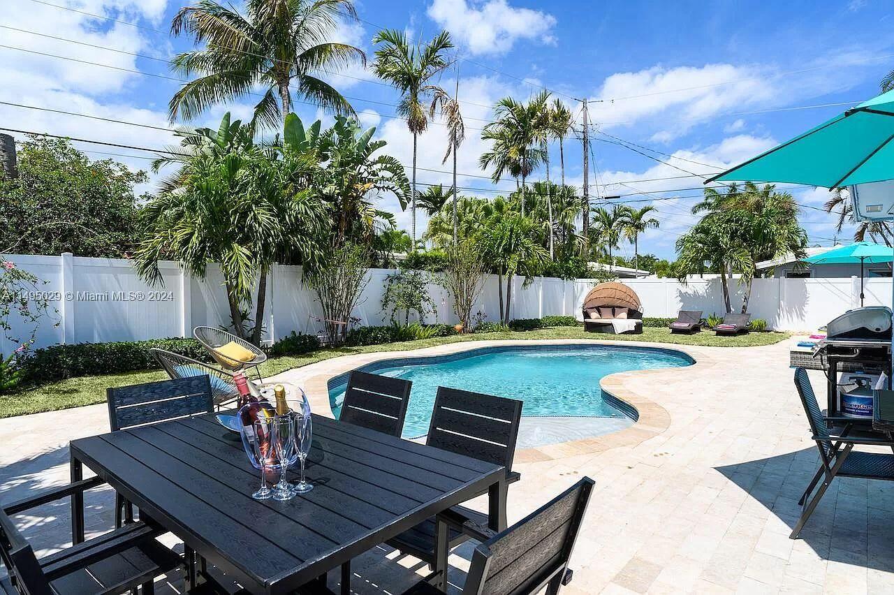 a view of a backyard with a table and chairs couches in the patio