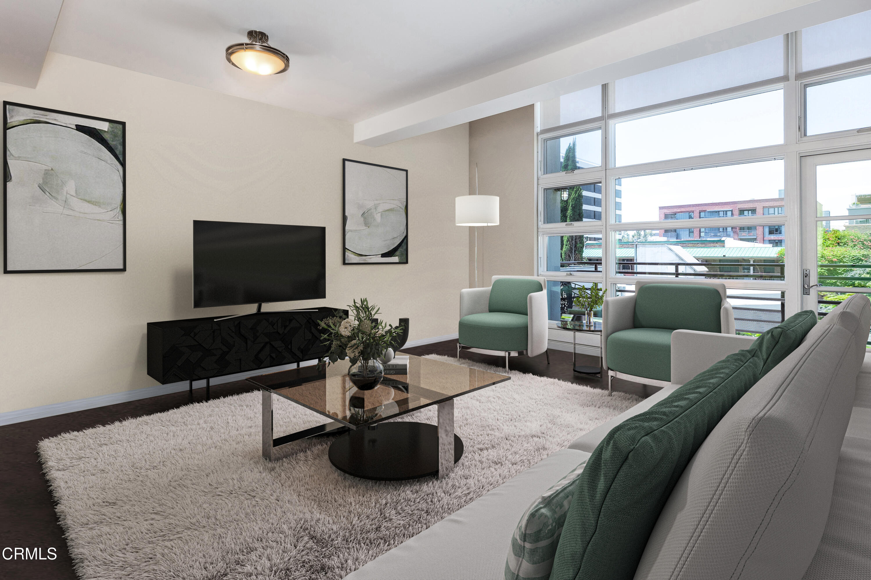 a living room with furniture a flat screen tv and a large window