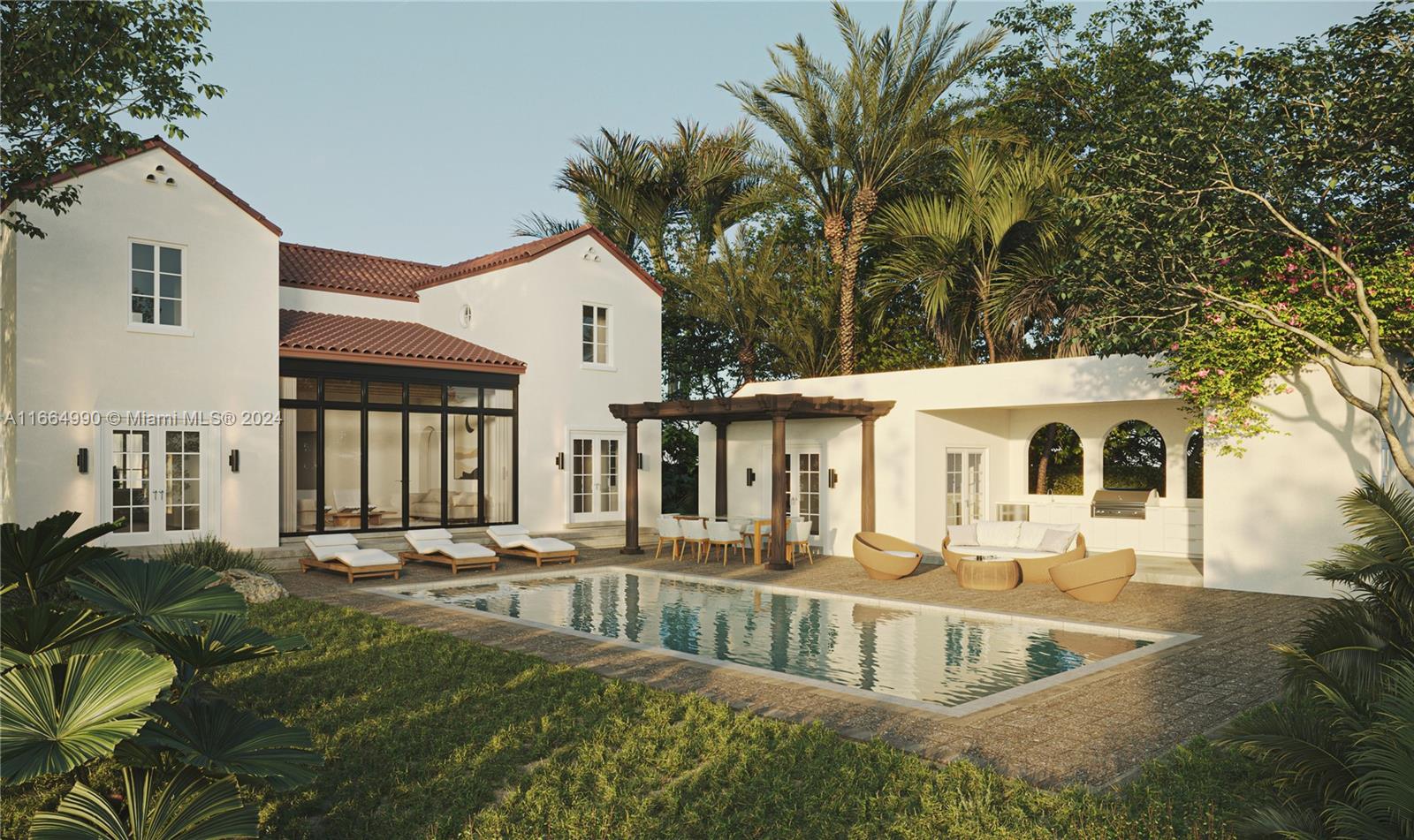 a view of a house with pool and chairs