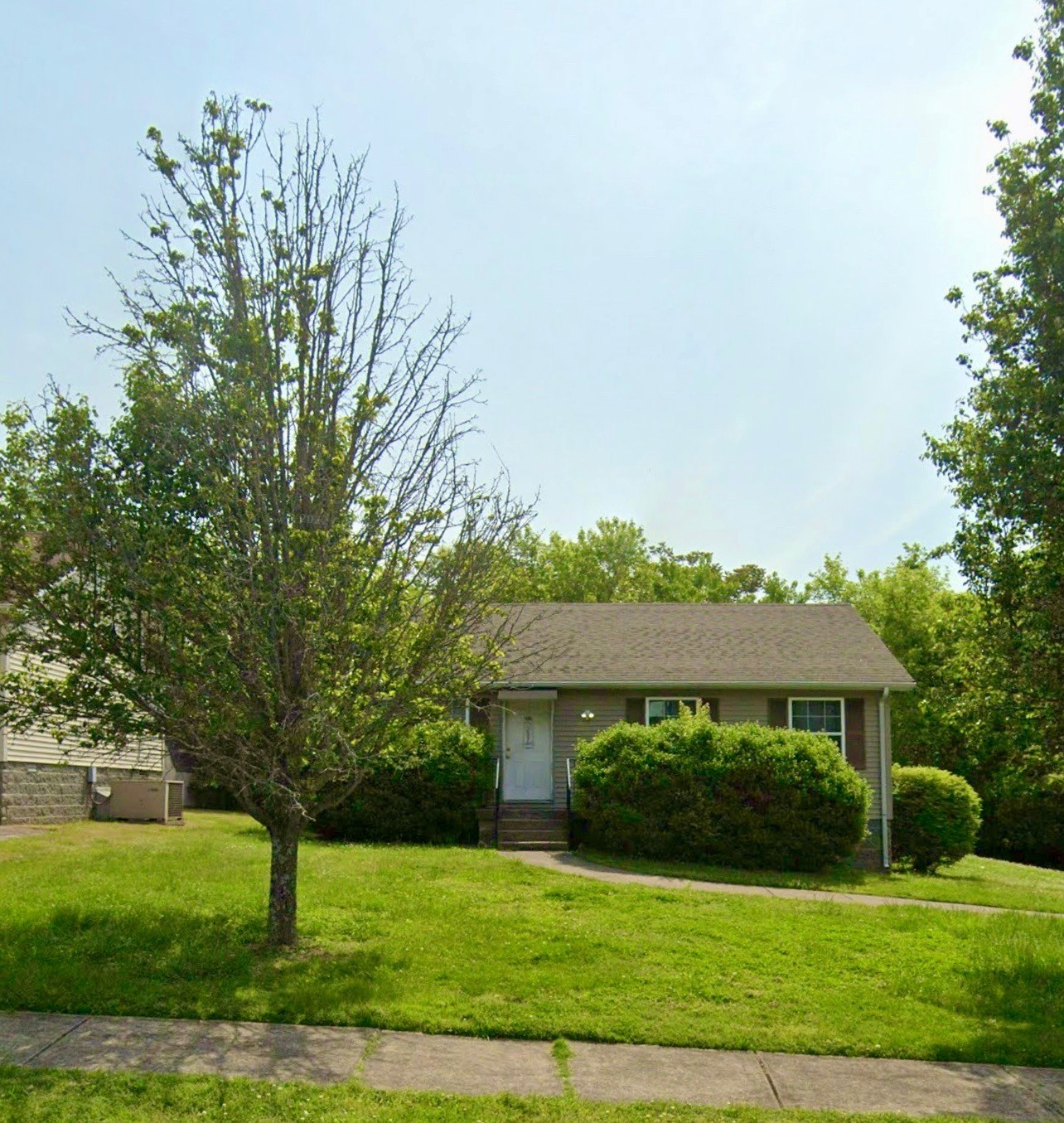 a front view of a house with yard and green space