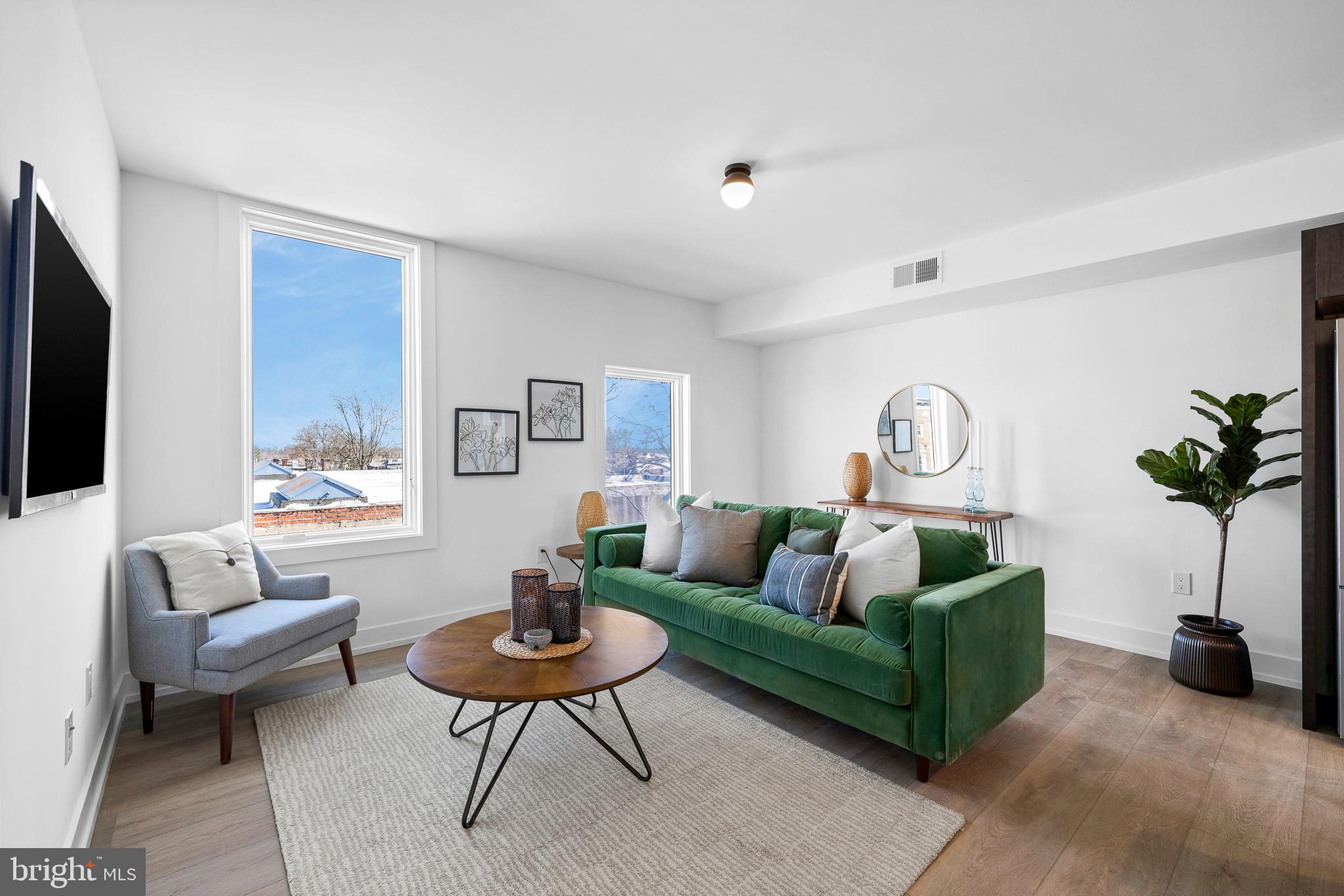 a living room with furniture potted plant and a window