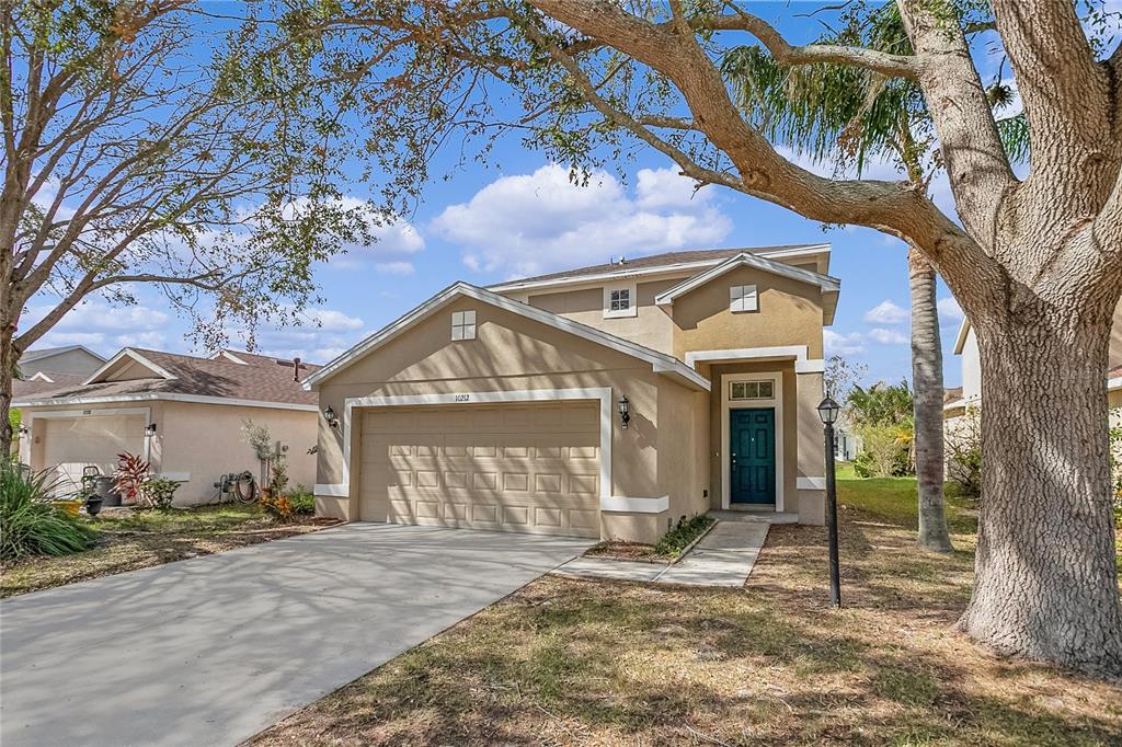 a front view of a house with a tree