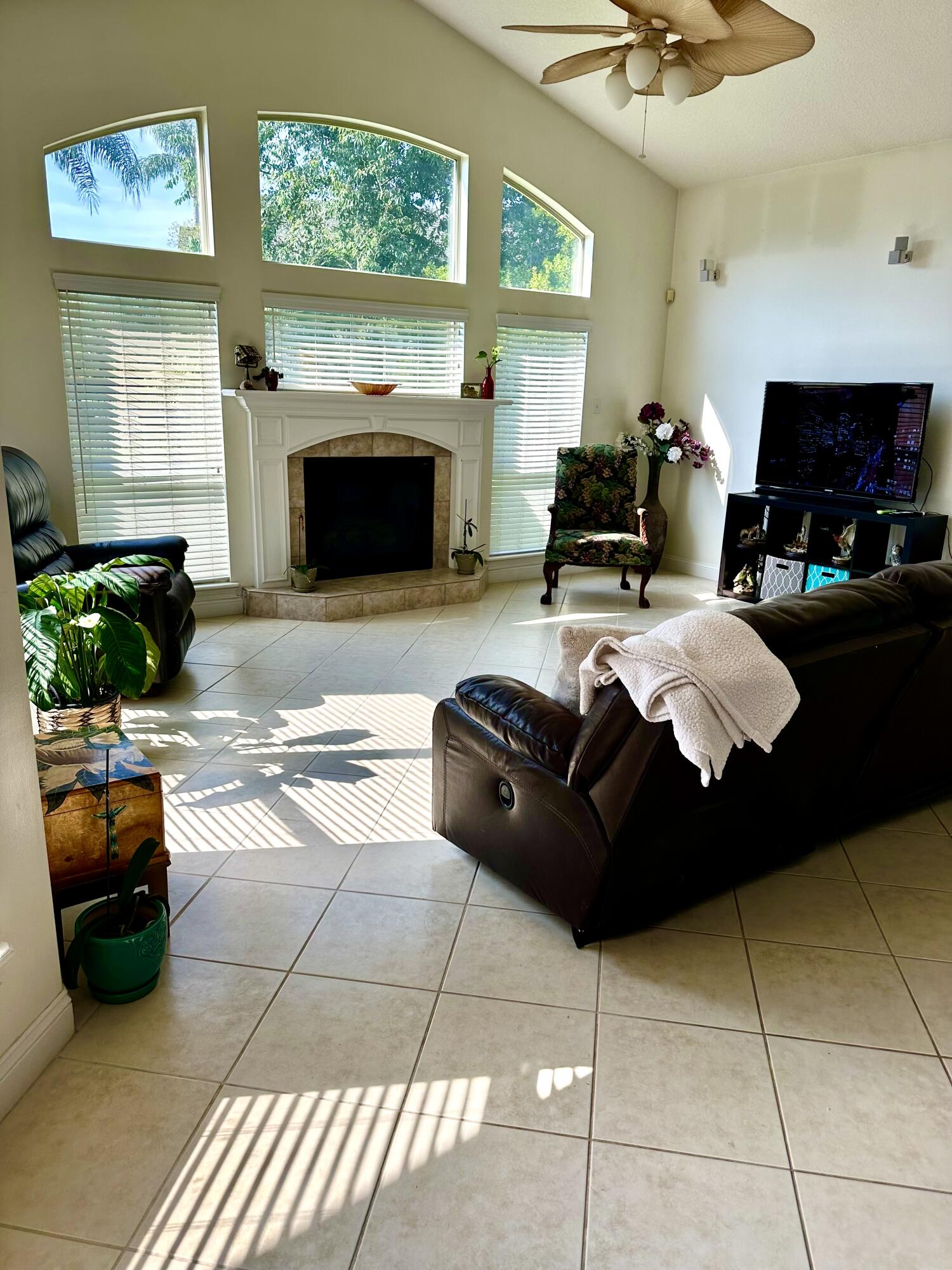 a living room with furniture and a fireplace