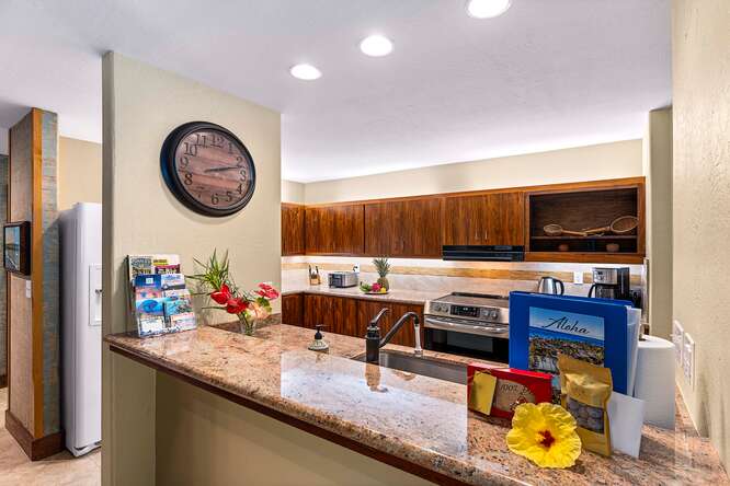 a kitchen with stainless steel appliances granite countertop a stove and a sink with cabinets