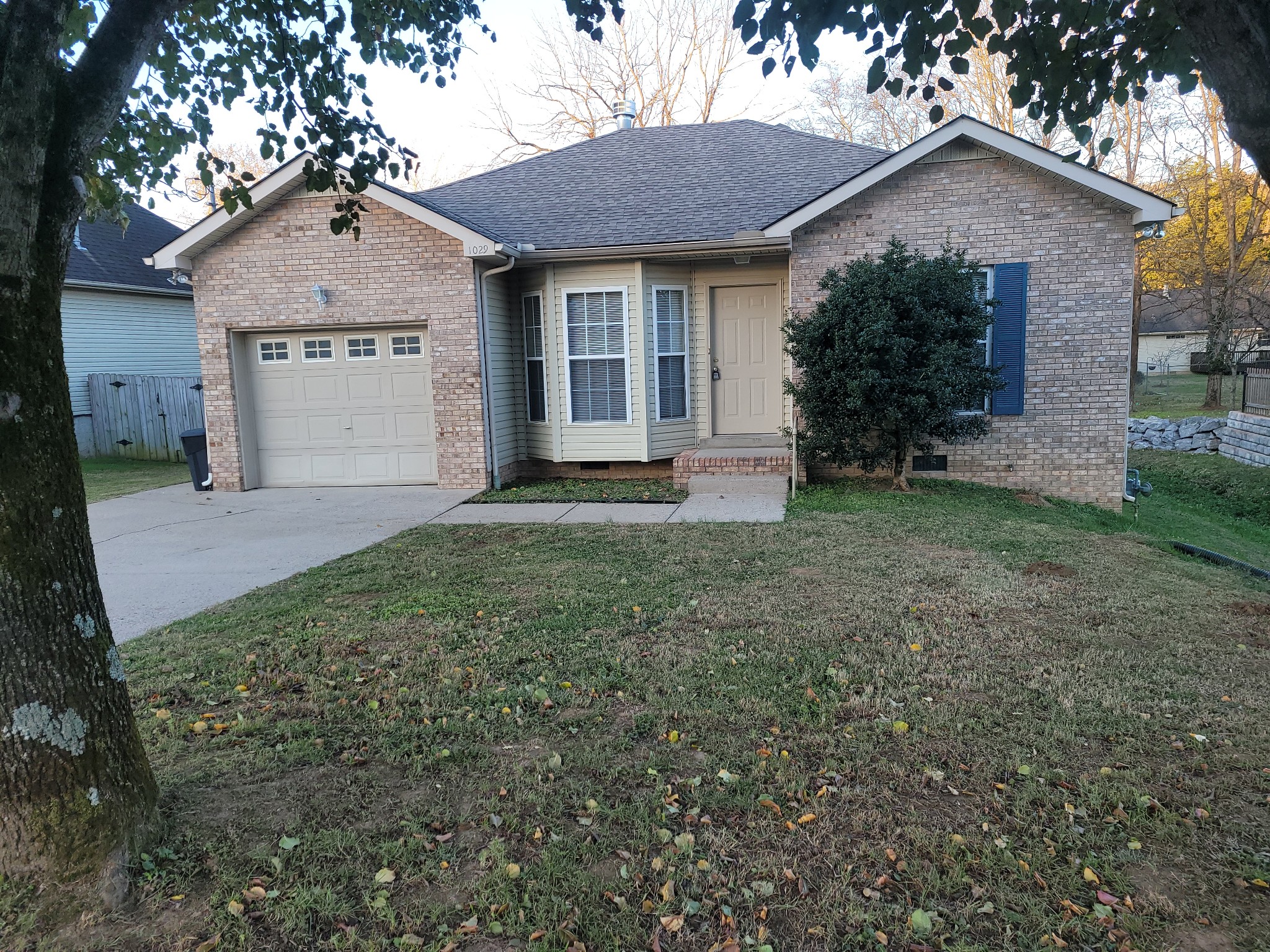 a view of a house with a yard and large tree