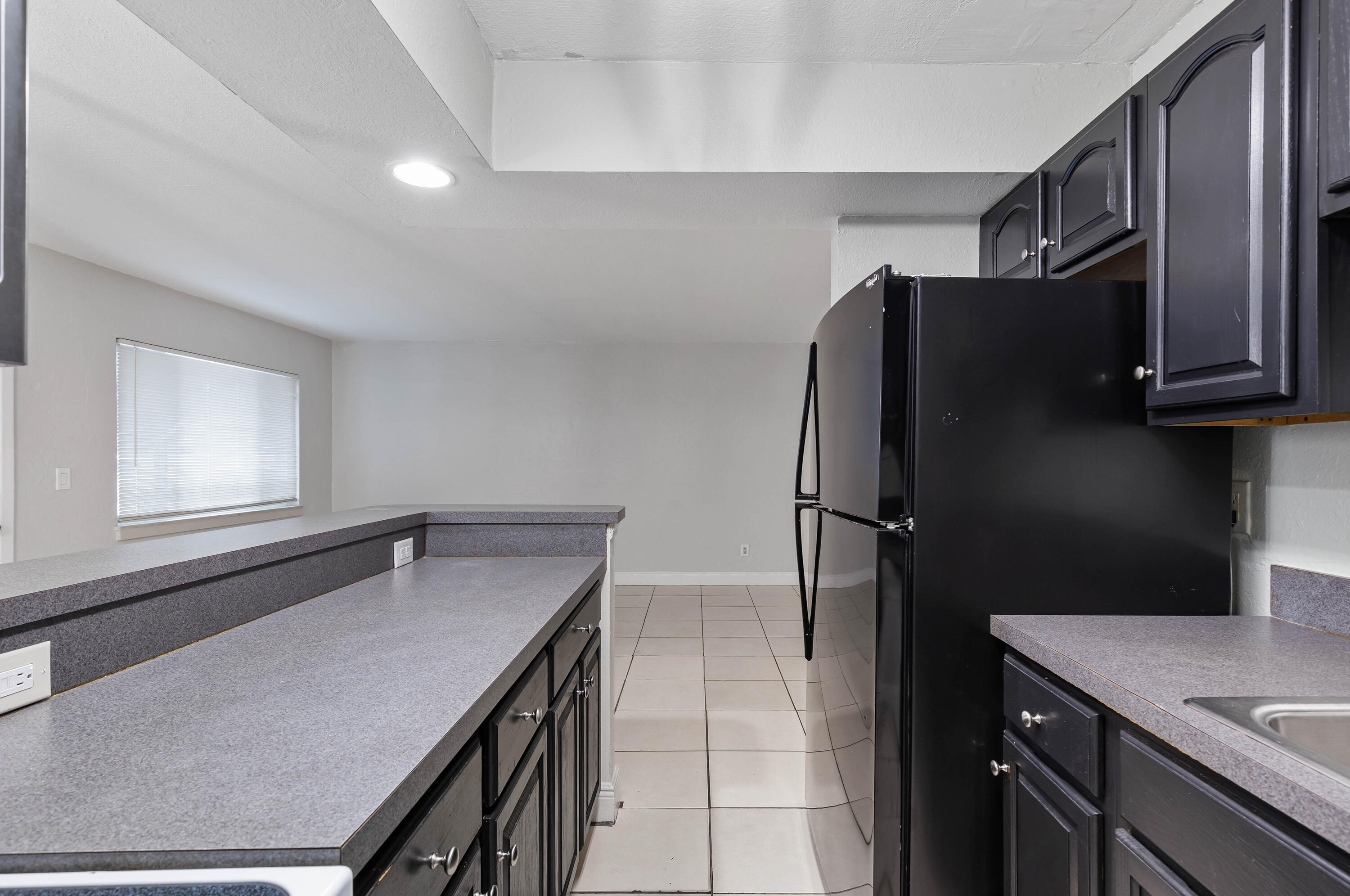 a kitchen with a refrigerator and a sink