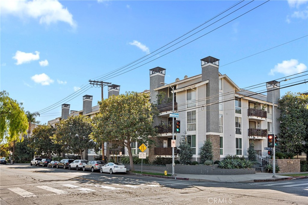 a view of a building with a street