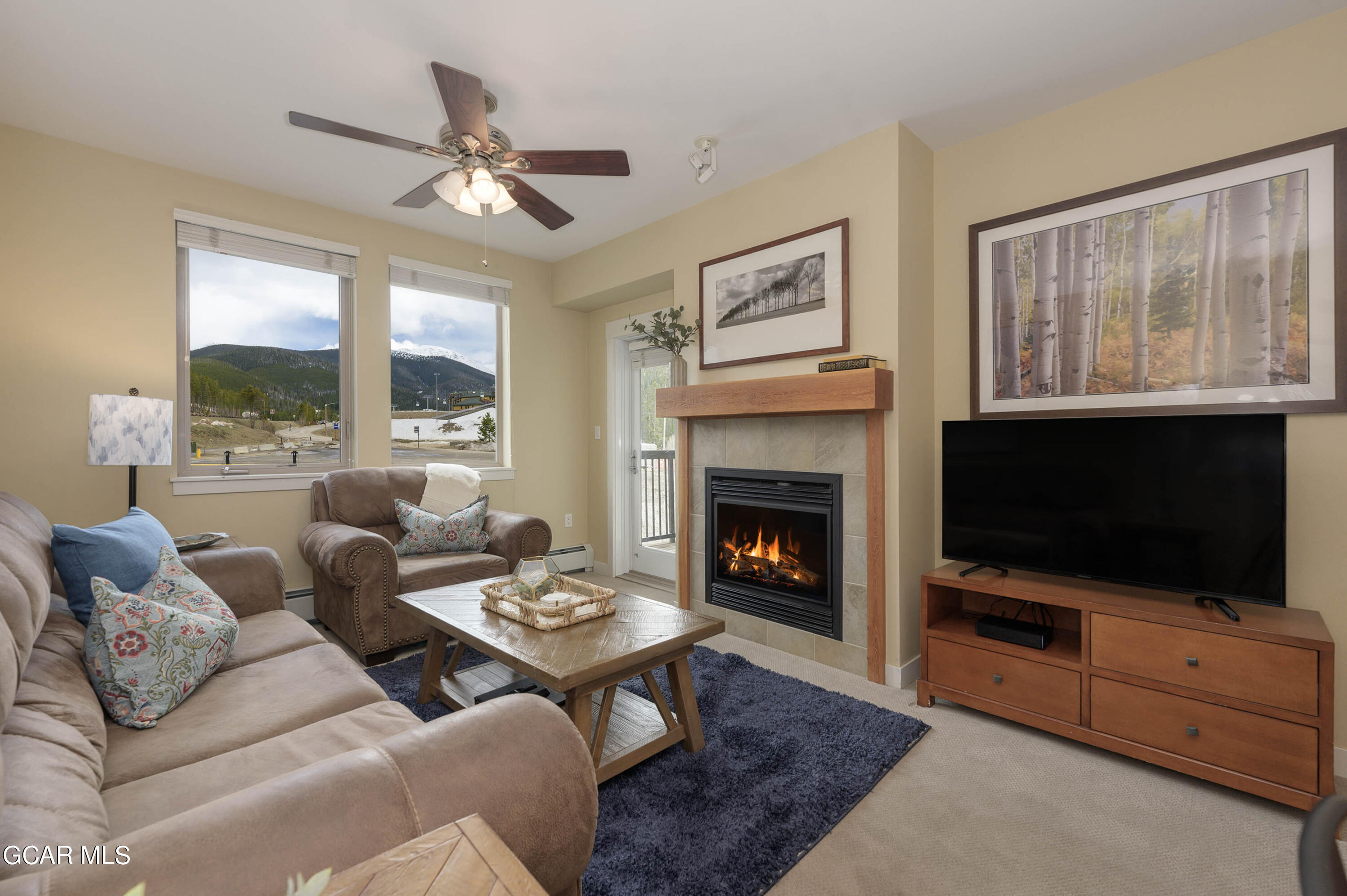 a living room with furniture a flat screen tv and a fireplace