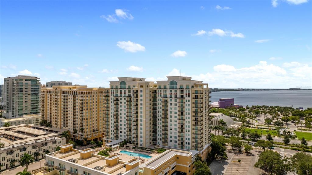 a view of a city with tall buildings