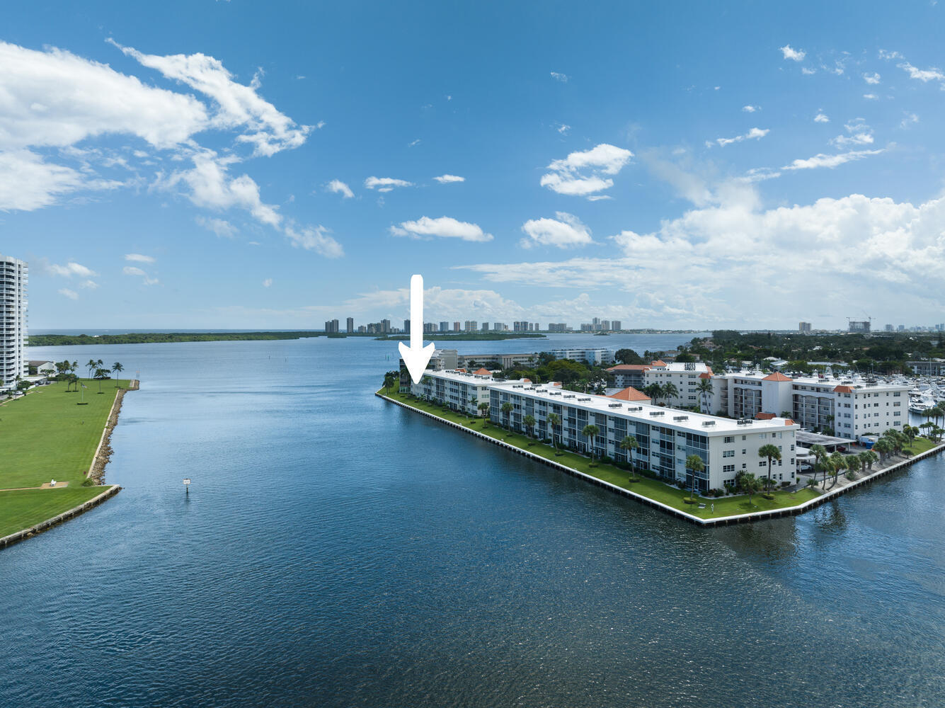 a view of a lake with a terrace