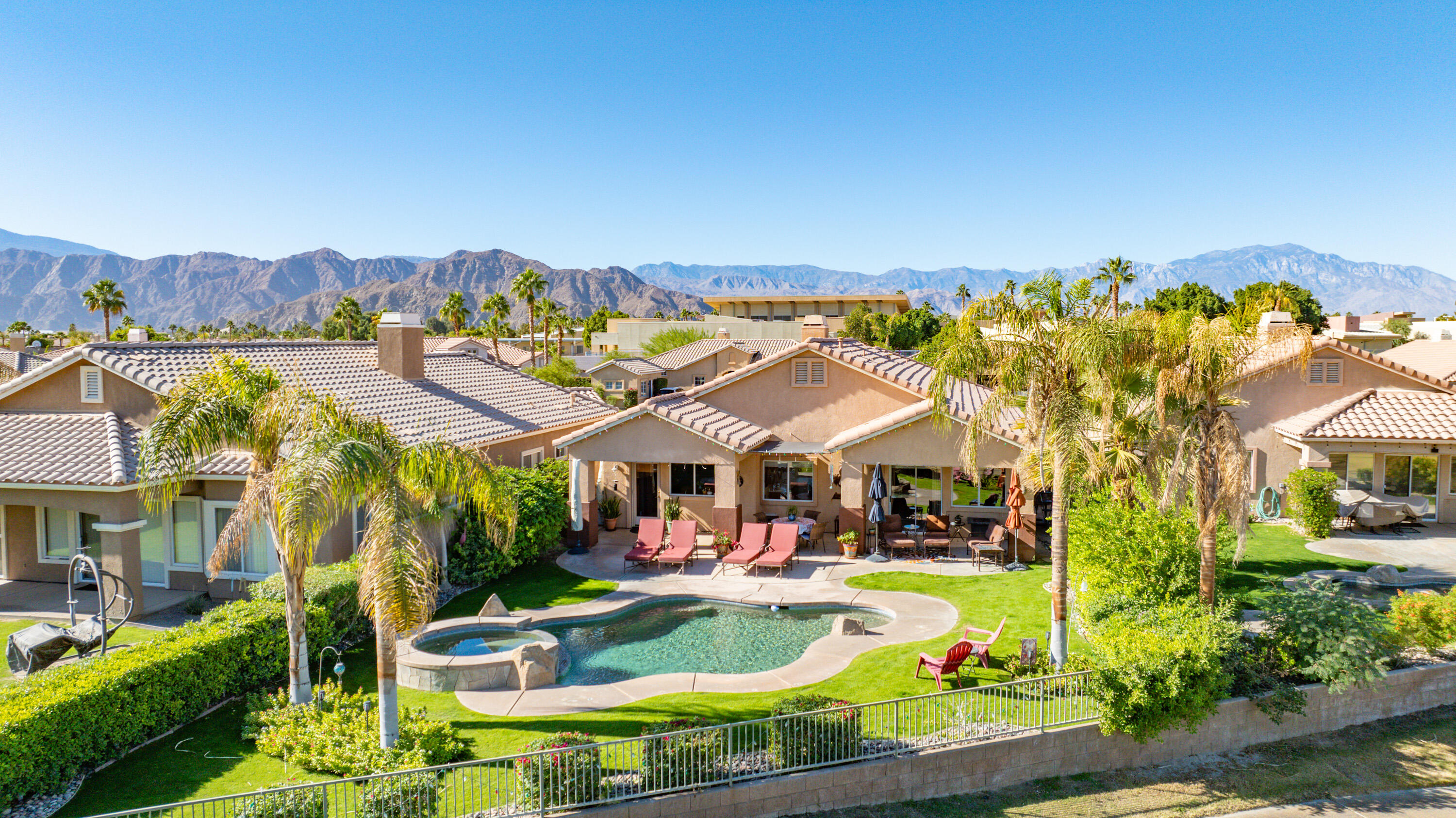 an outdoor space with lots of palm trees