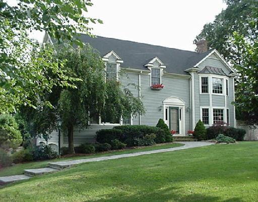 a front view of house with yard and green space