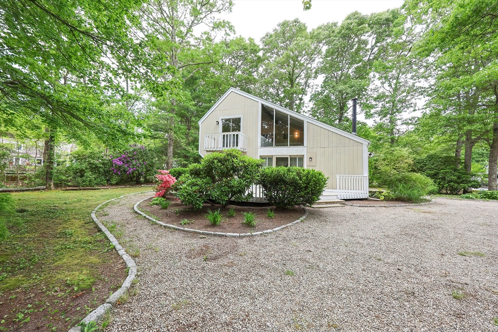 a backyard of a house with a garden and plants