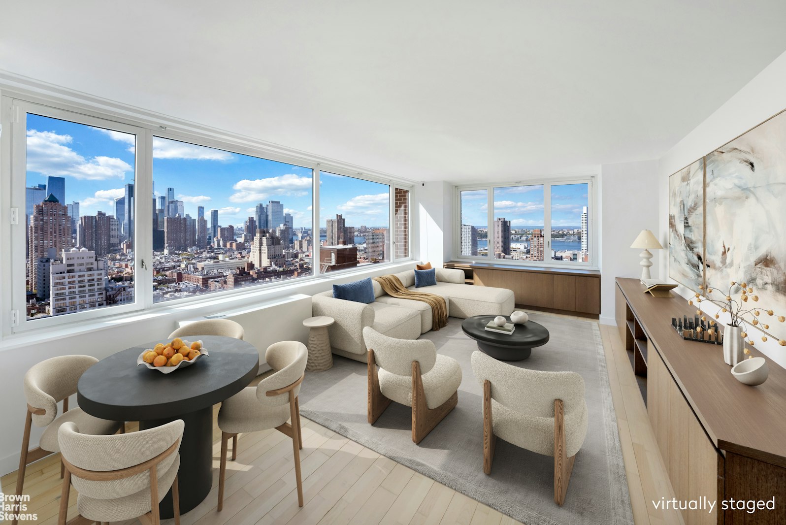 a living room with furniture and a table