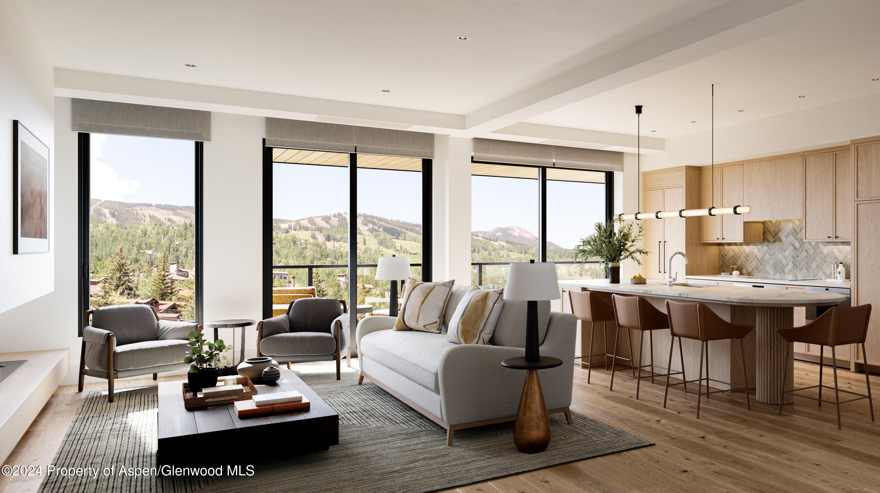 a living room with furniture wooden floor and a table