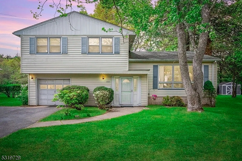 a front view of a house with a yard and green space