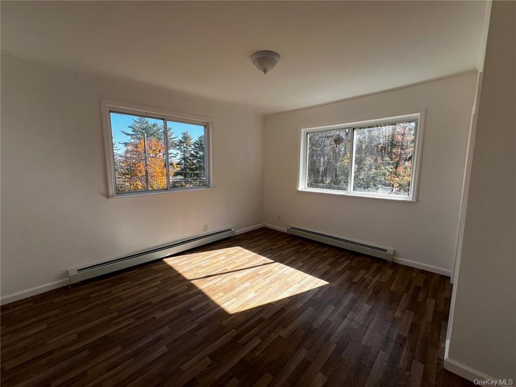 Empty room with a baseboard heating unit and dark wood-type flooring