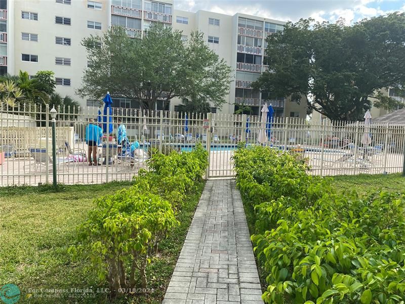 a view of a backyard with pathway