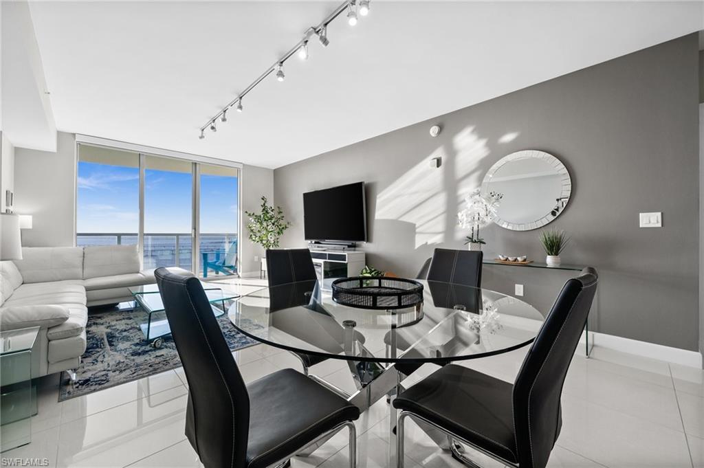 a view of a dining room with furniture