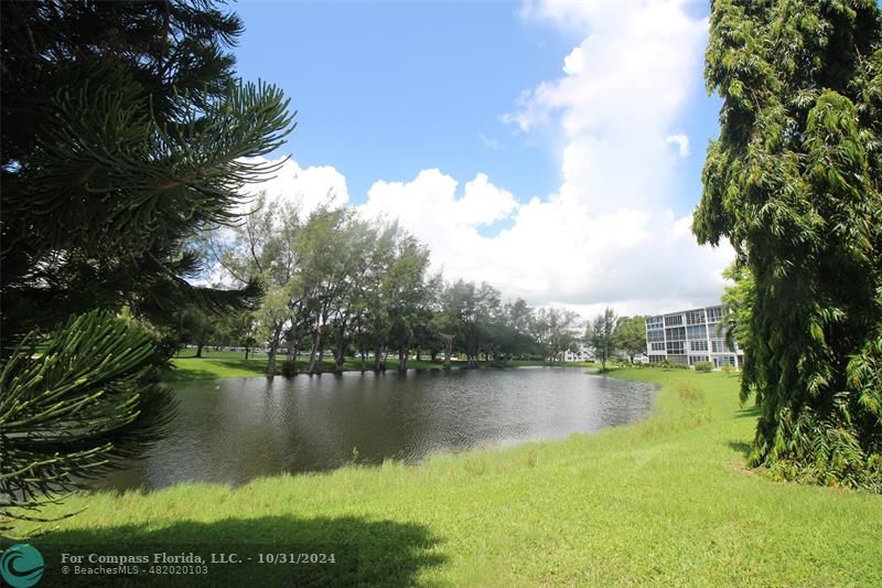 a view of a lake with houses in the back