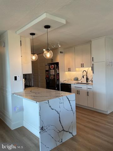 a kitchen with a refrigerator a sink and dishwasher with wooden floor