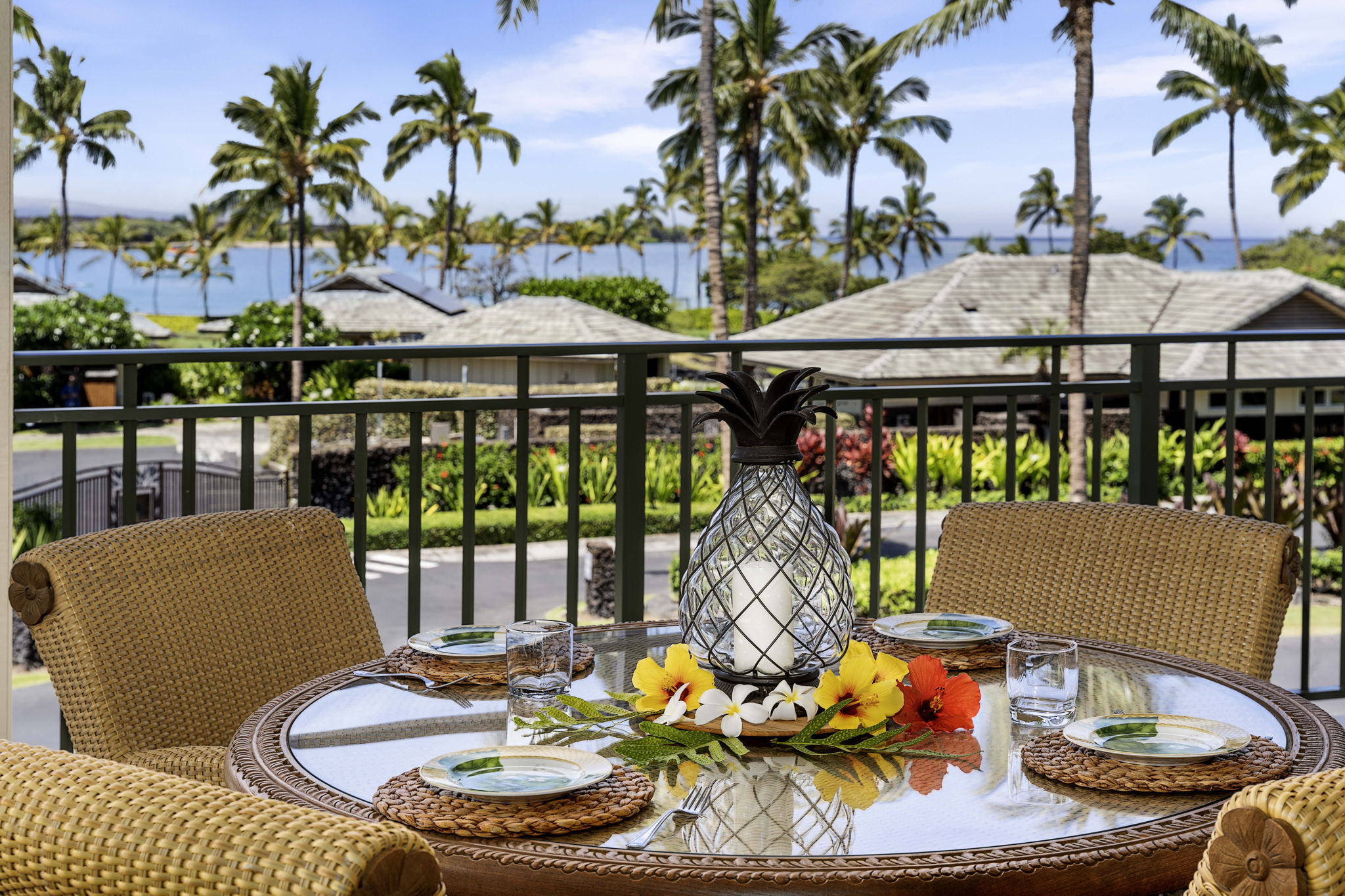 a view of a patio with furniture