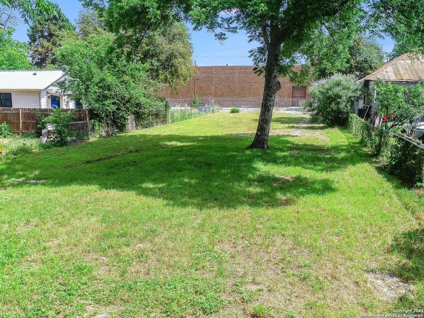 a garden with trees in front of it