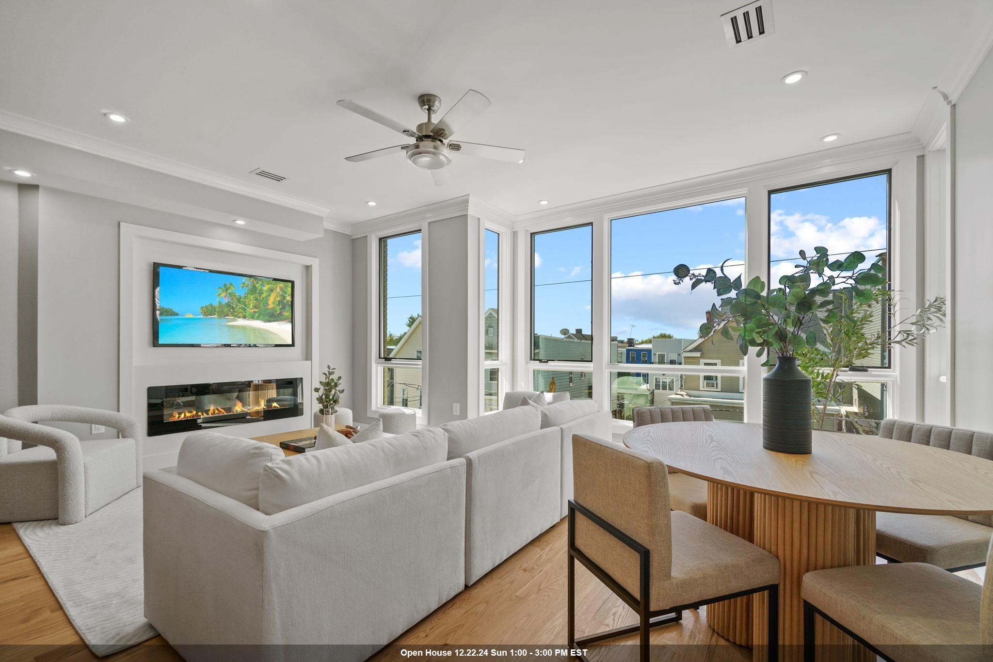 a view of a dining room with furniture window and outside view