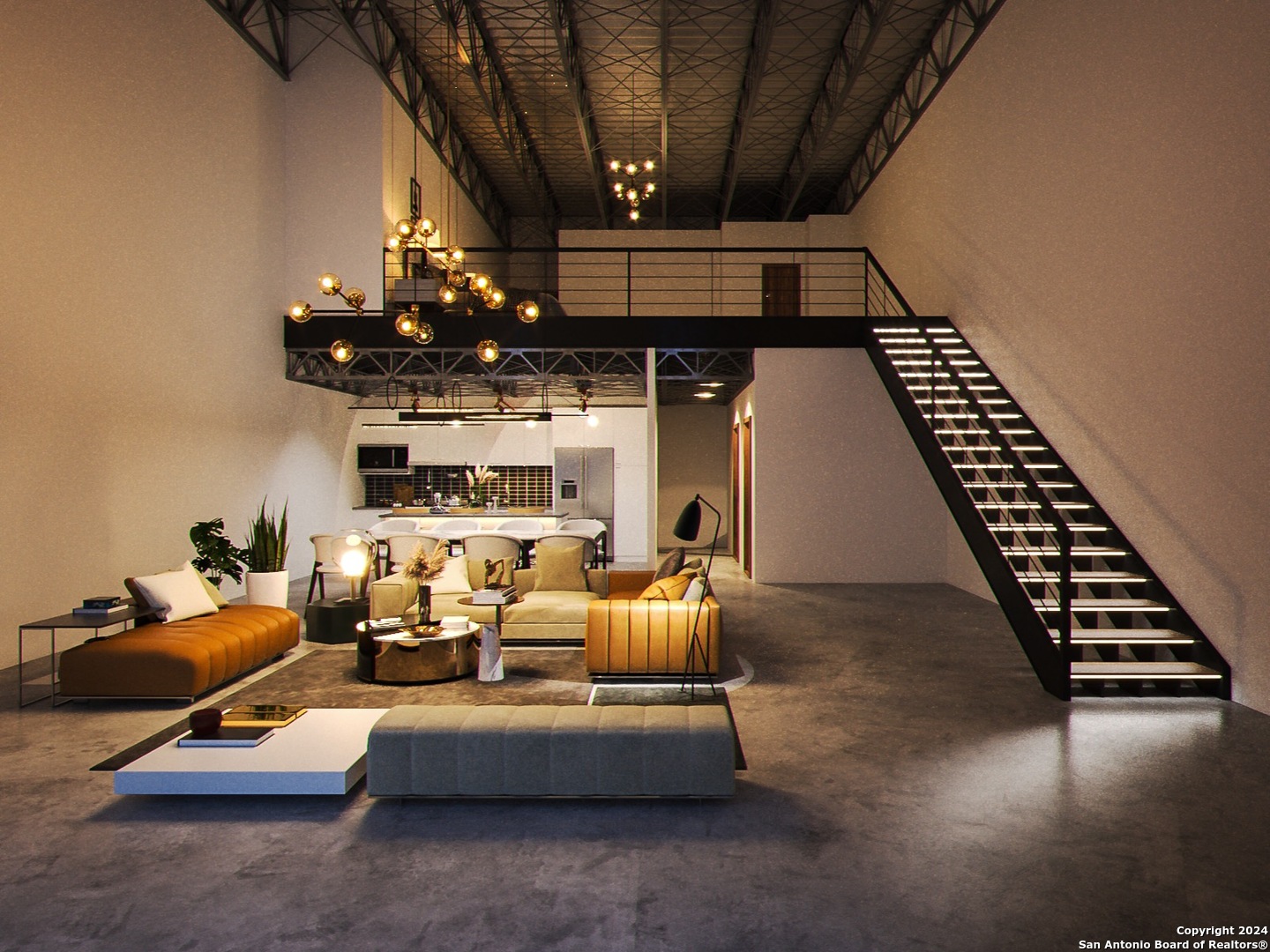 a living room with furniture and stairs