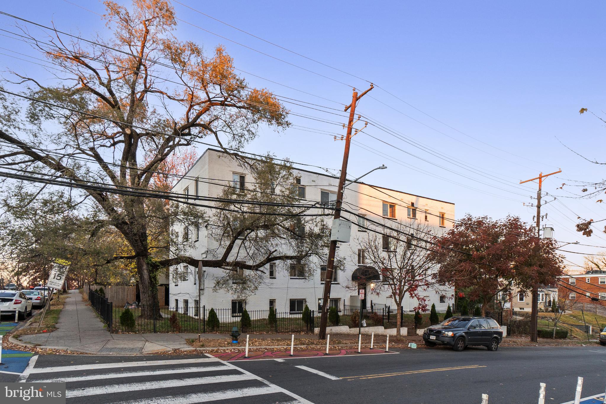 a view of a building and a street