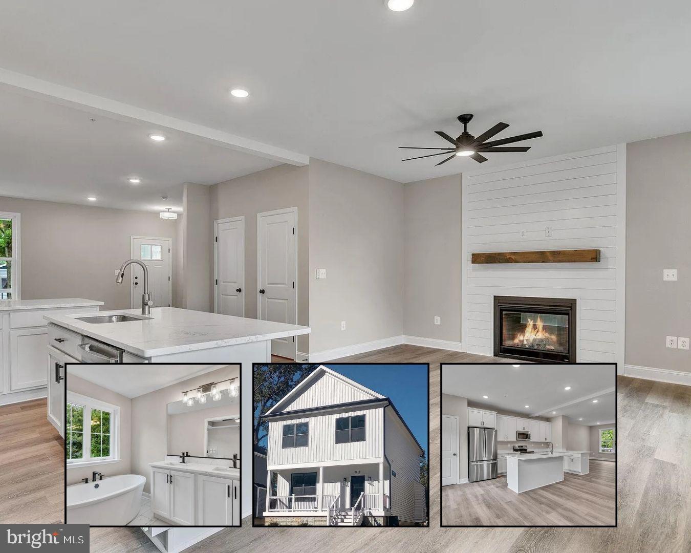 a view of a kitchen with a sink and a fireplace