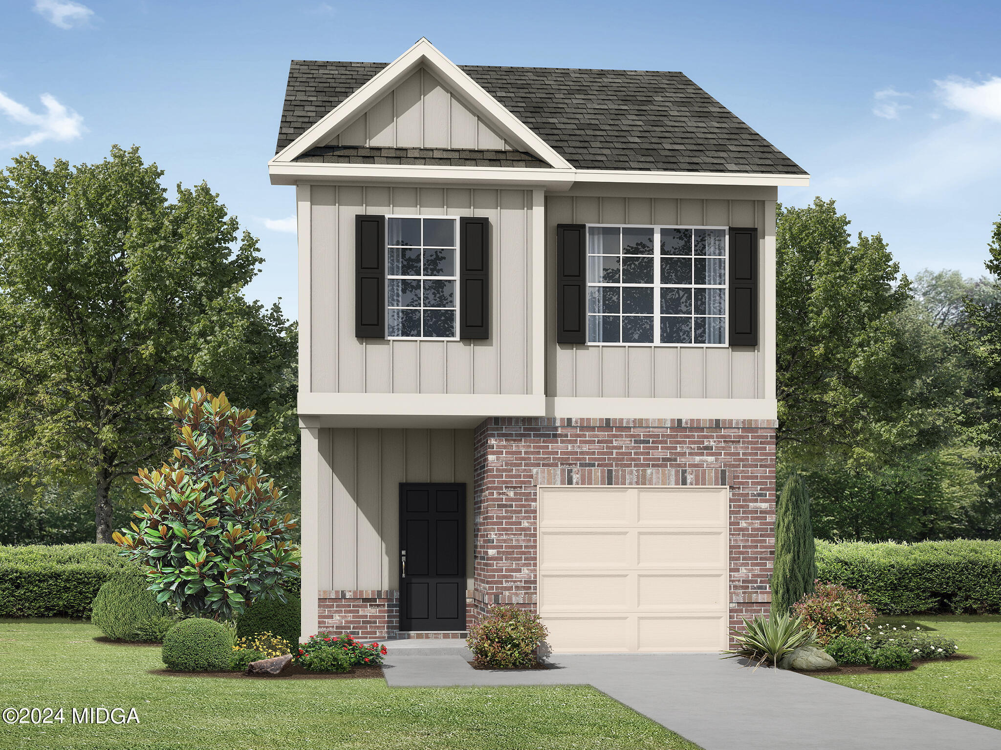 a front view of a house with a yard and garage