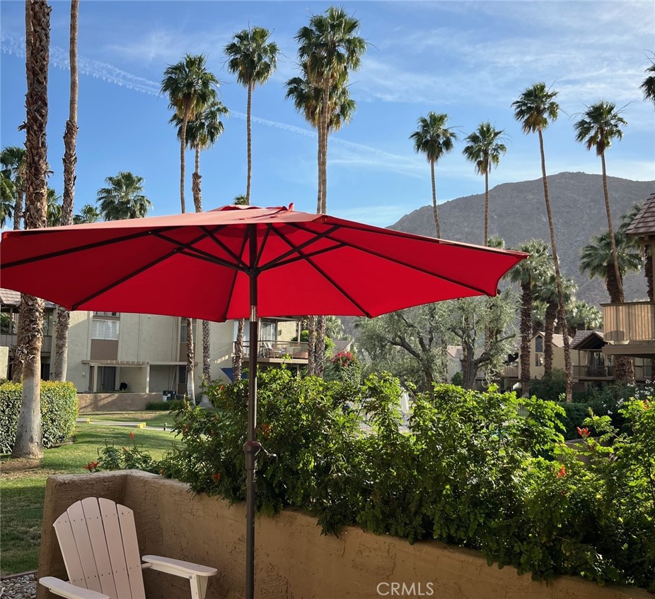 a view of a yard with a table and chairs under an umbrella