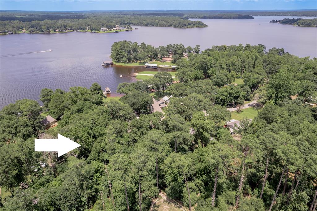 an aerial view of a house with a yard and lake view