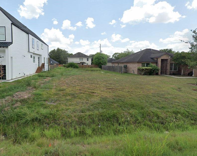 a view of a big yard with plants and a large tree