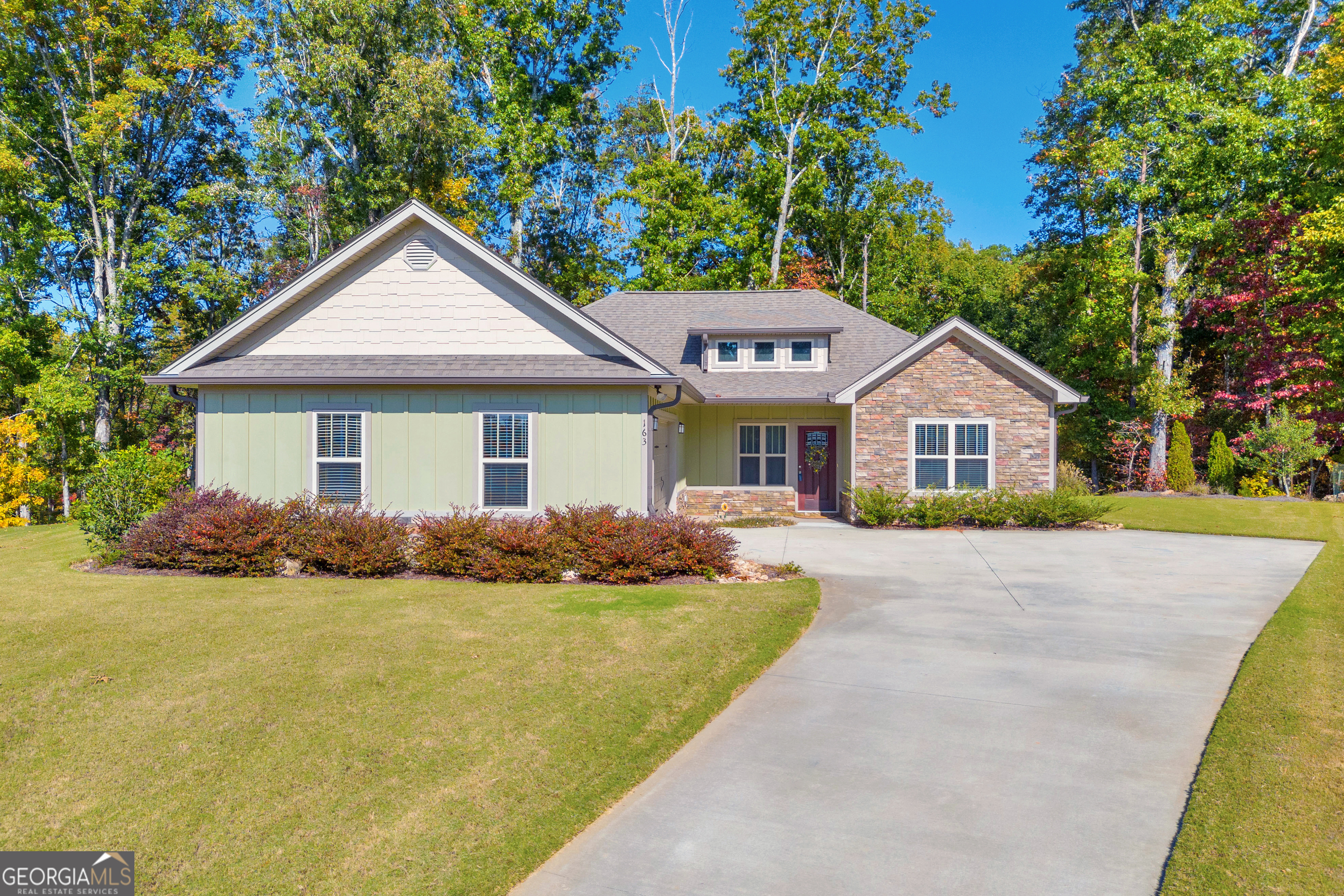 a front view of a house with yard and green space