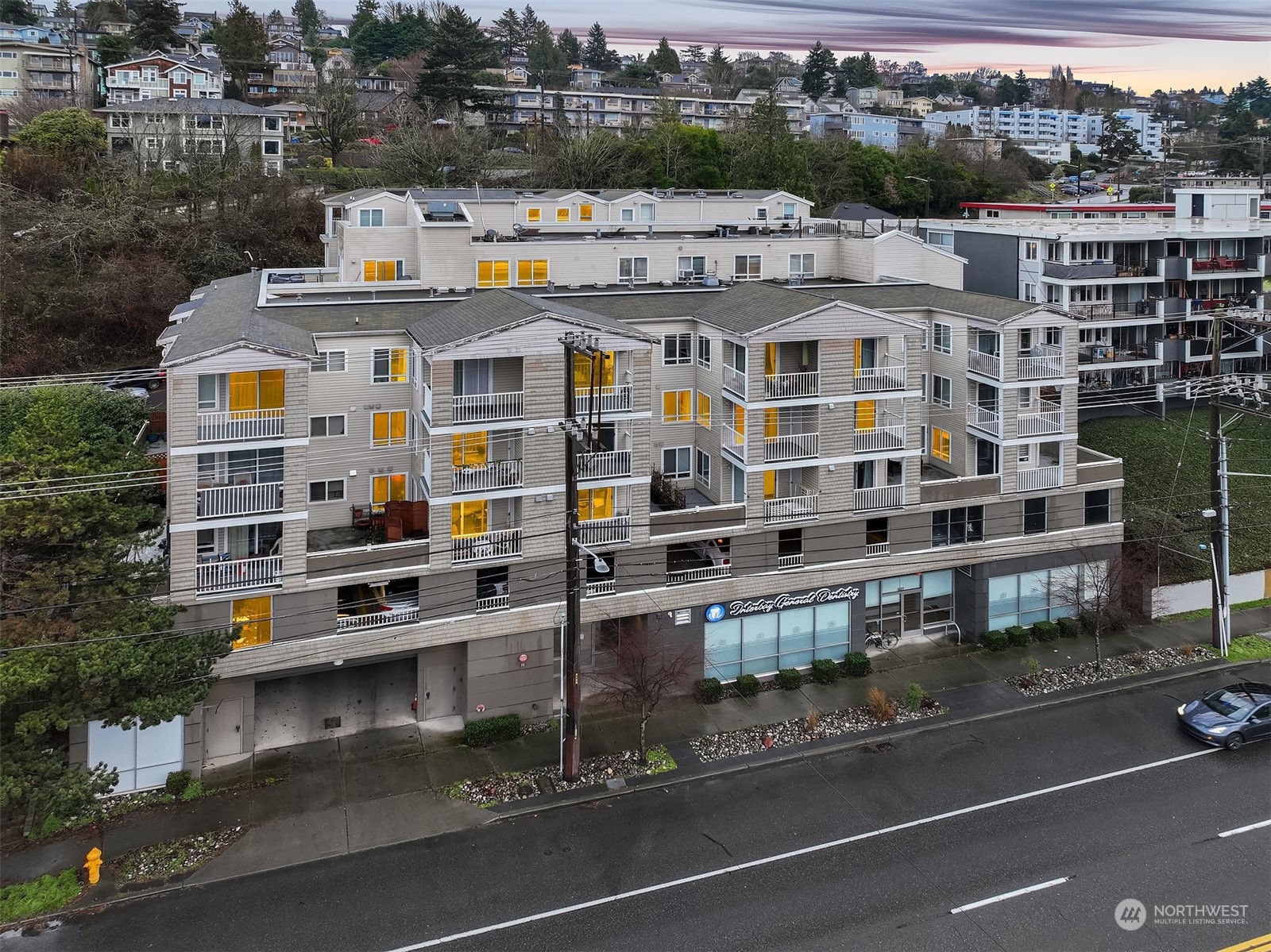 a front view of a building with street view