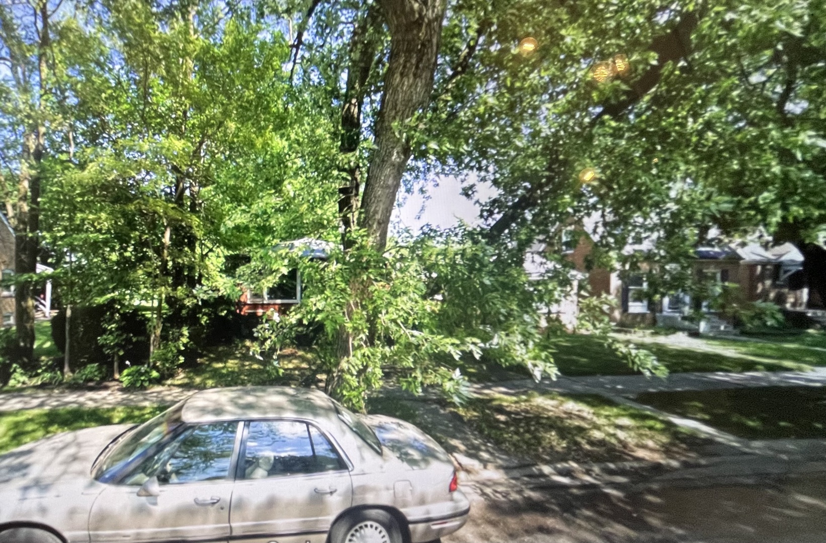 a view of a yard with car parked