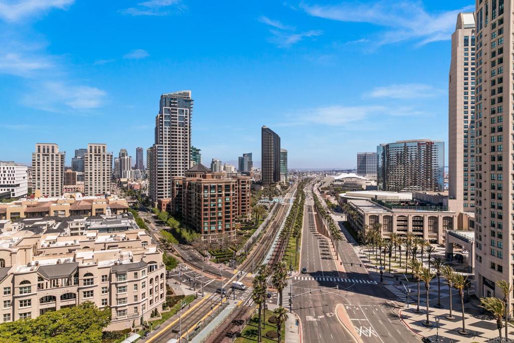 a view of city with tall buildings