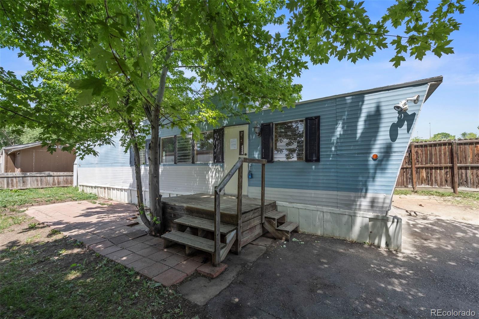 a view of backyard with wooden fence and a large tree