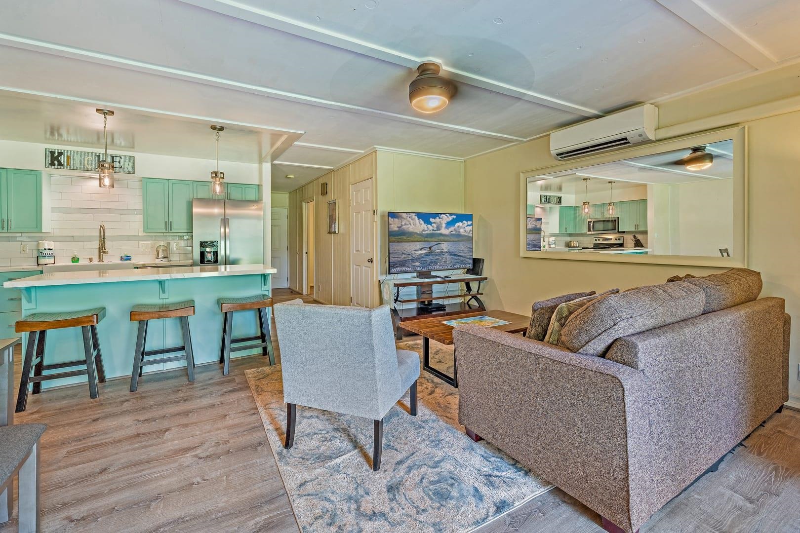 a living room with furniture and a table